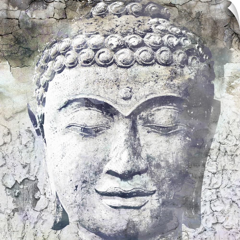 Close up photo of the face of a sculpture of Buddha, showing his downcast eyes and tight curls in his hair.