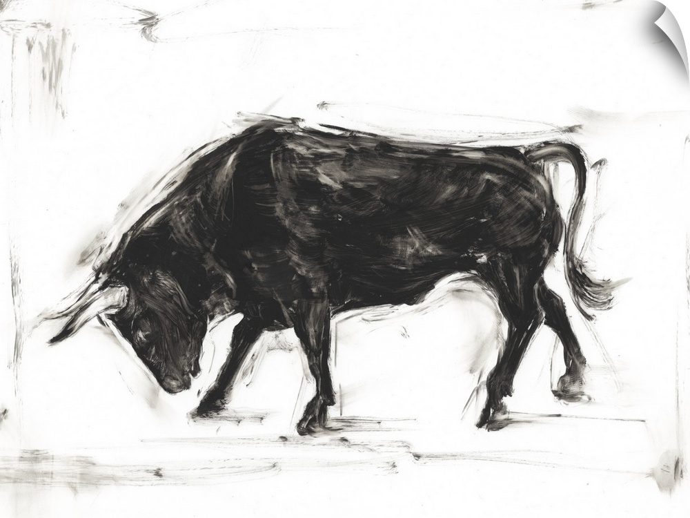Black and white painting of a Spanish bull bowing.