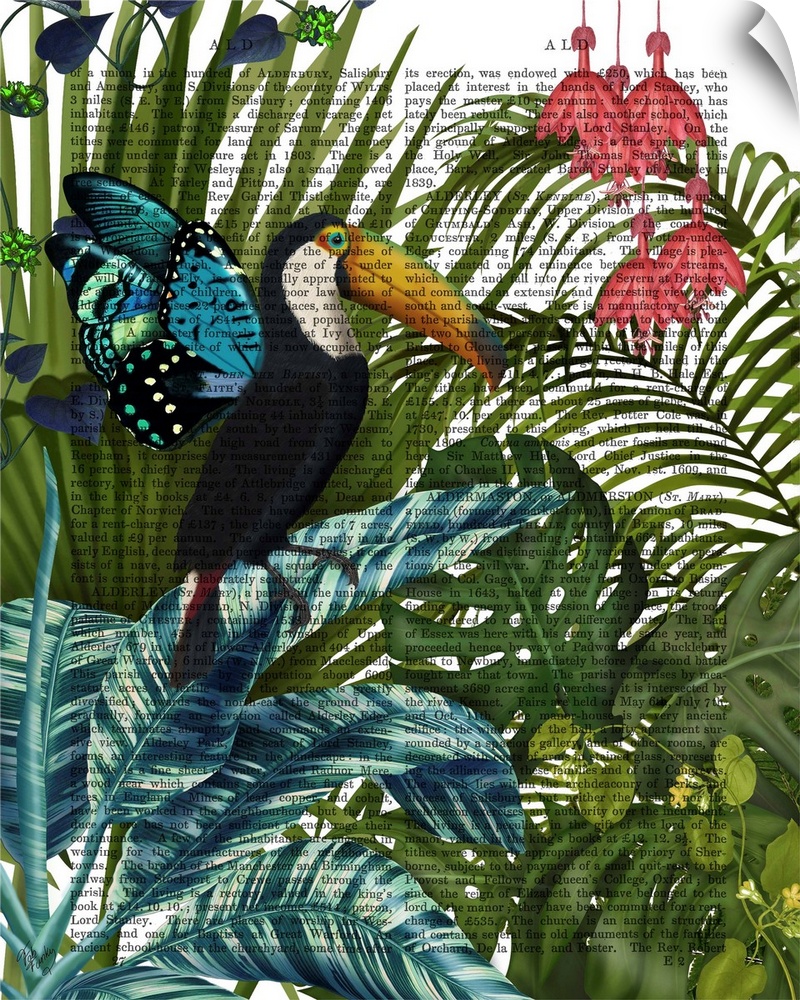 Decorative artwork with a toucan surrounded by tropical leaves, butterflies, and flowers, painted on the page of a book.