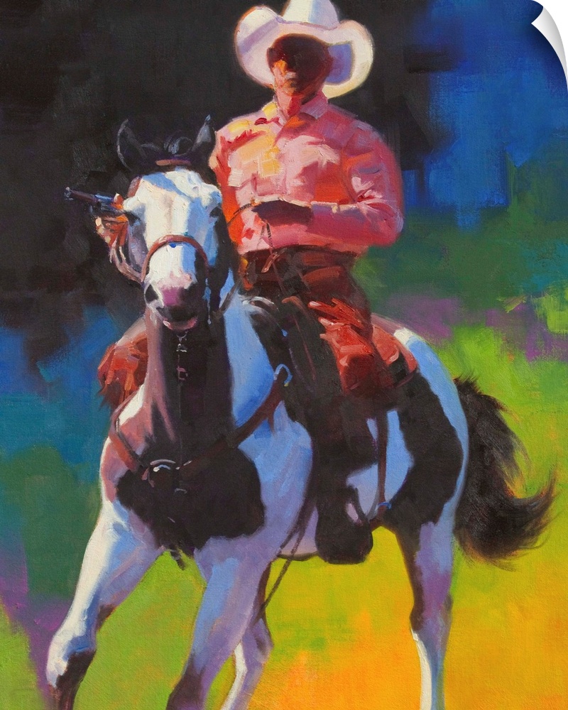 Contemporary painting of a cowboy atop of a brown and white paint horse.