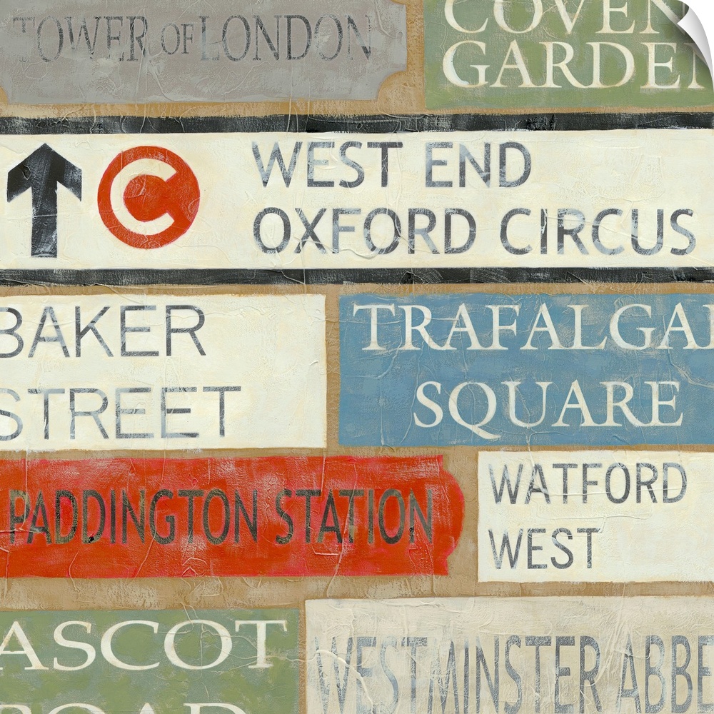 Artwork of street signs arranged in a collage type pattern.  Some of signs are for Watford West, Westminster Abbey, Paddin...