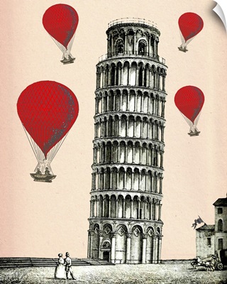 Tower of Pisa and Red Hot Air Balloons