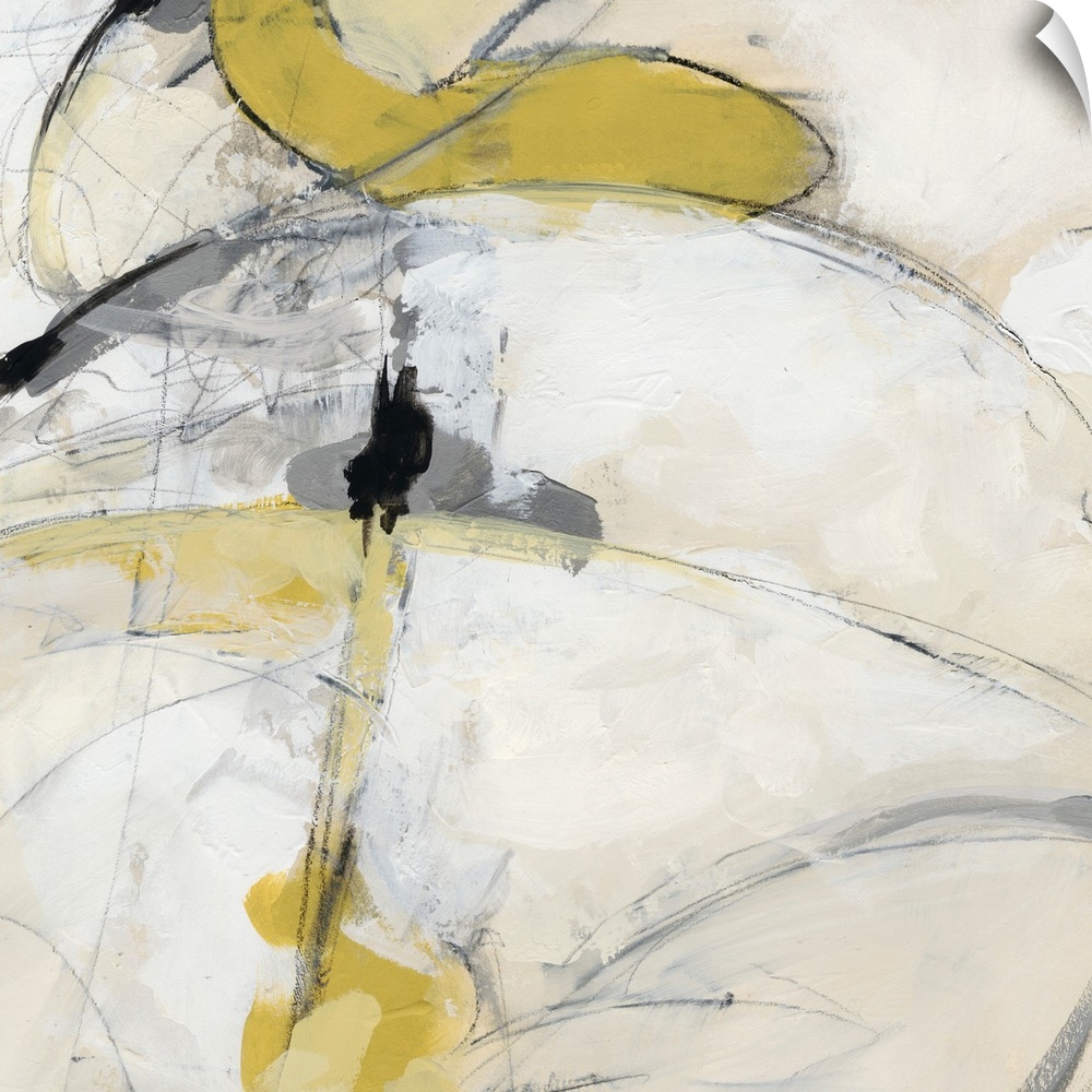 Energetic yellow brush strokes and gestural lines illustrate the dynamism in this contemporary artwork.