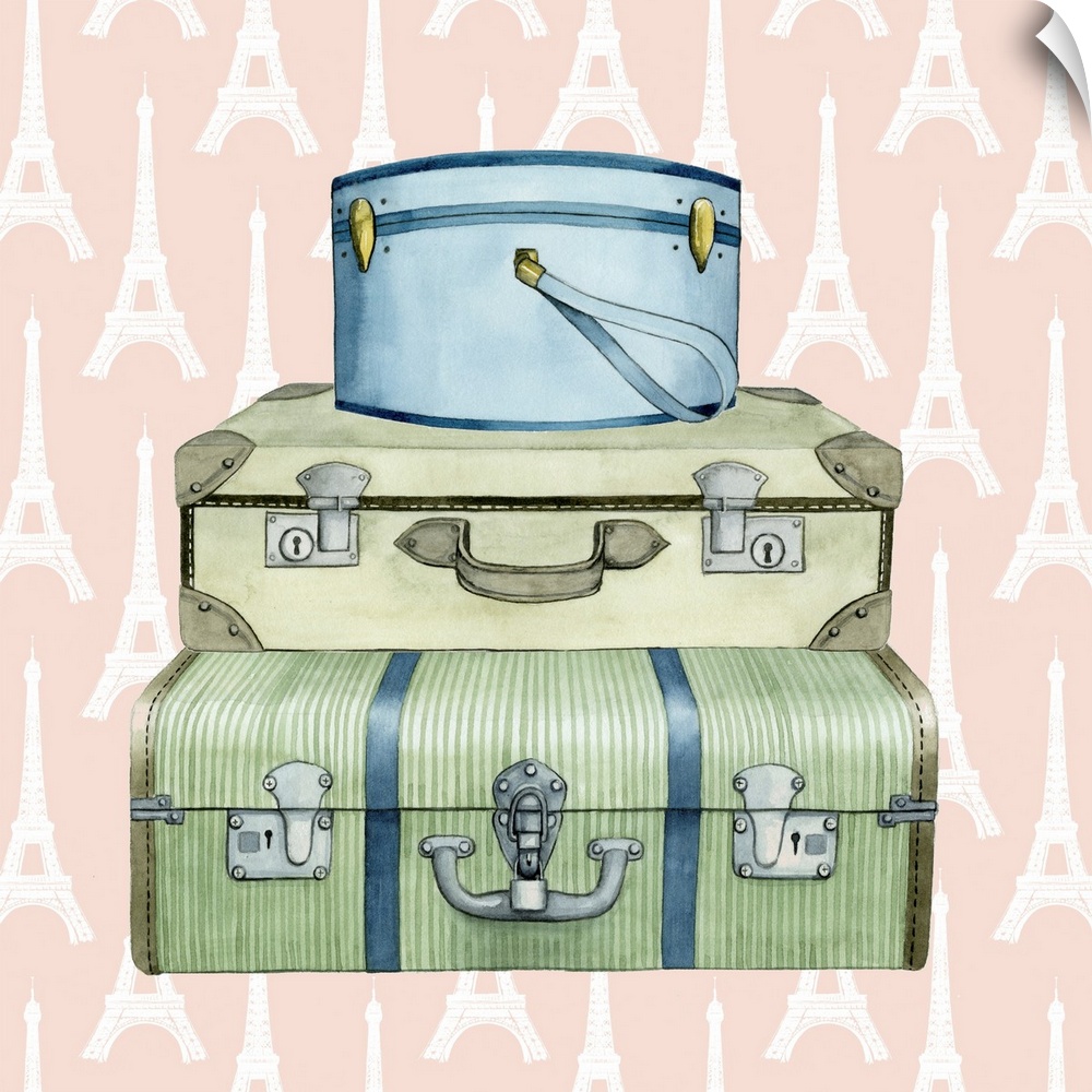 Art print of three vintage suitcases on a pastel pink background with an Eiffel Tower pattern.