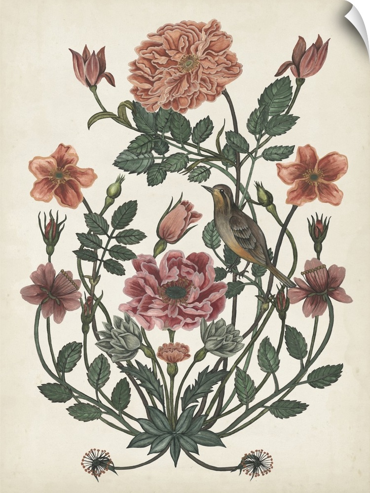 This vintage-like illustration demonstrates the beauty of nature and its gifts by featuring a garden bird perched on an ev...