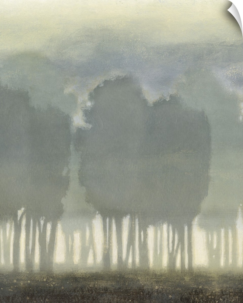 Artwork of silhouetted trees in a foggy landscape.