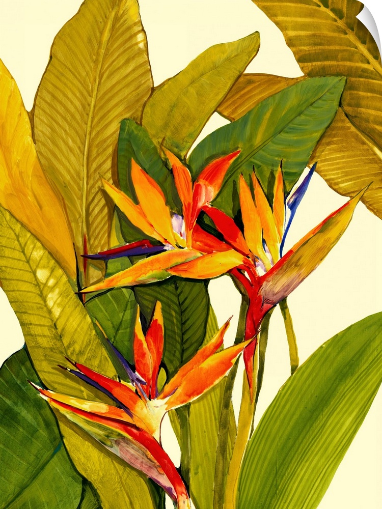 A painting by a contemporary artist of tropical plants and flowers against blank backdrop in this vertical photograph.