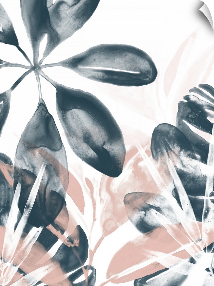 A decorative watercolor design of overlapping tropical leaves in gray, pink and white.