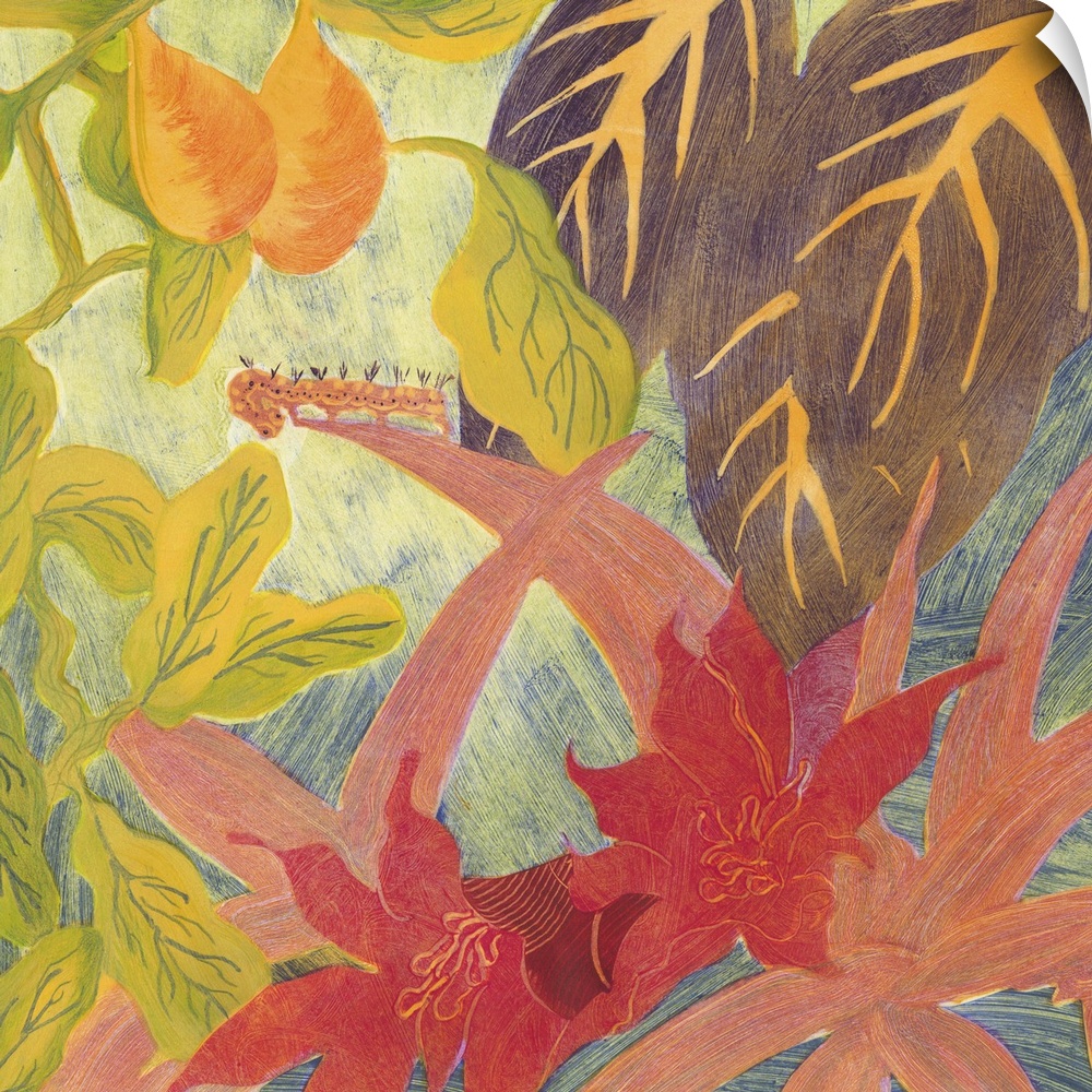 Colorful artwork of a view of tropical plants in vibrant colors.