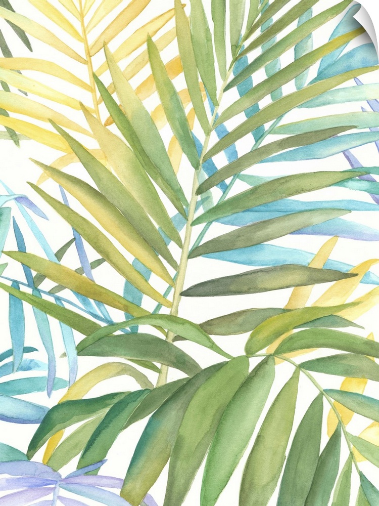 Watercolor painting of several tropical leaves.