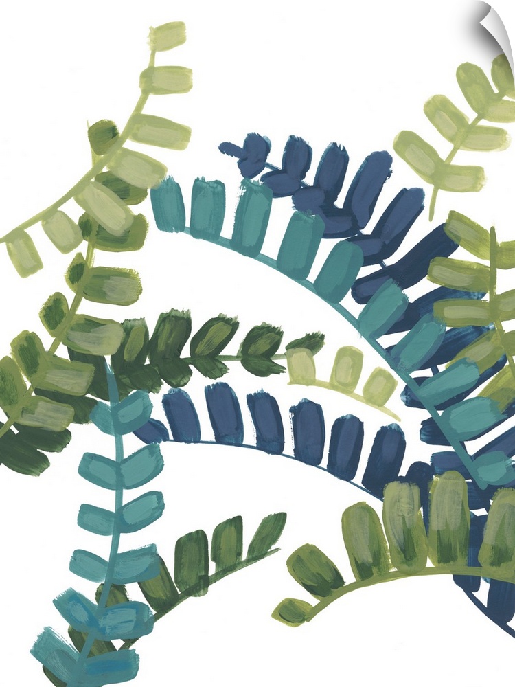 Artwork of green and blue fern fronds on white.