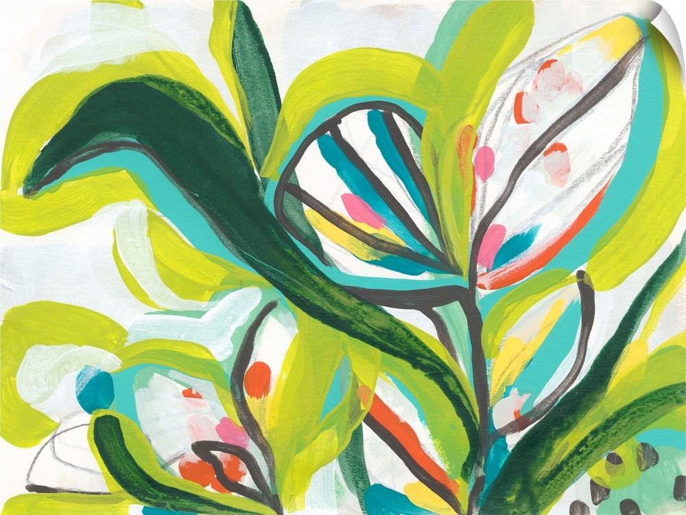 Contemporary abstract painting with tropical floral shapes in vibrant green hues.