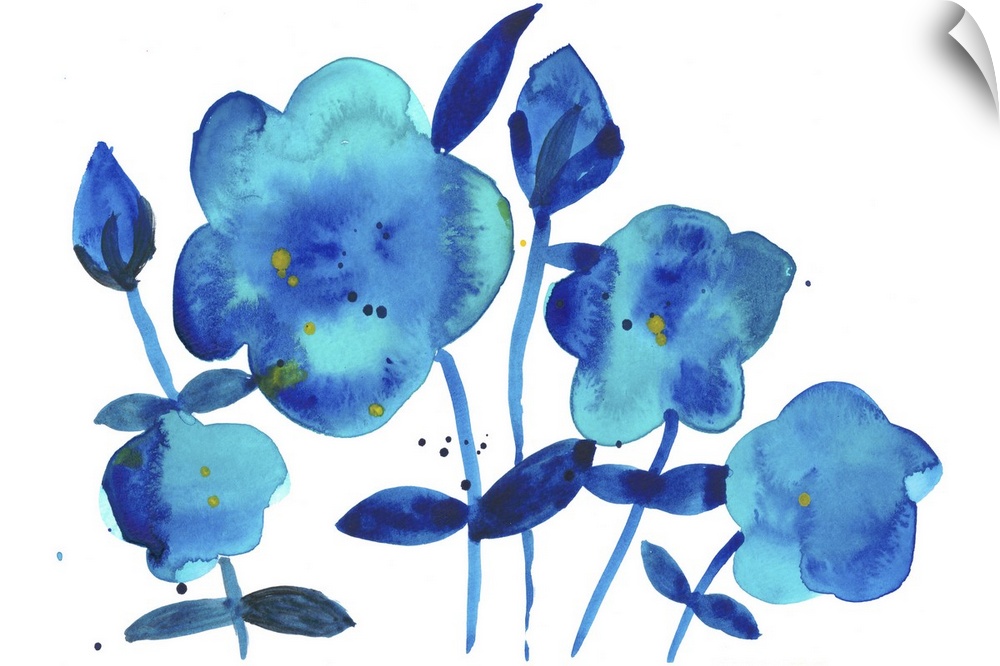 Watercolor silhouettes of flowers in bright blue.