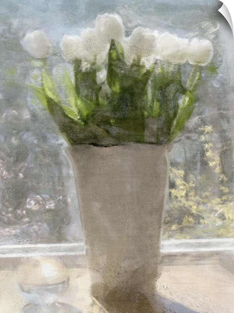 Contemporary painting of a vase holding a small bouquet of white flowers.
