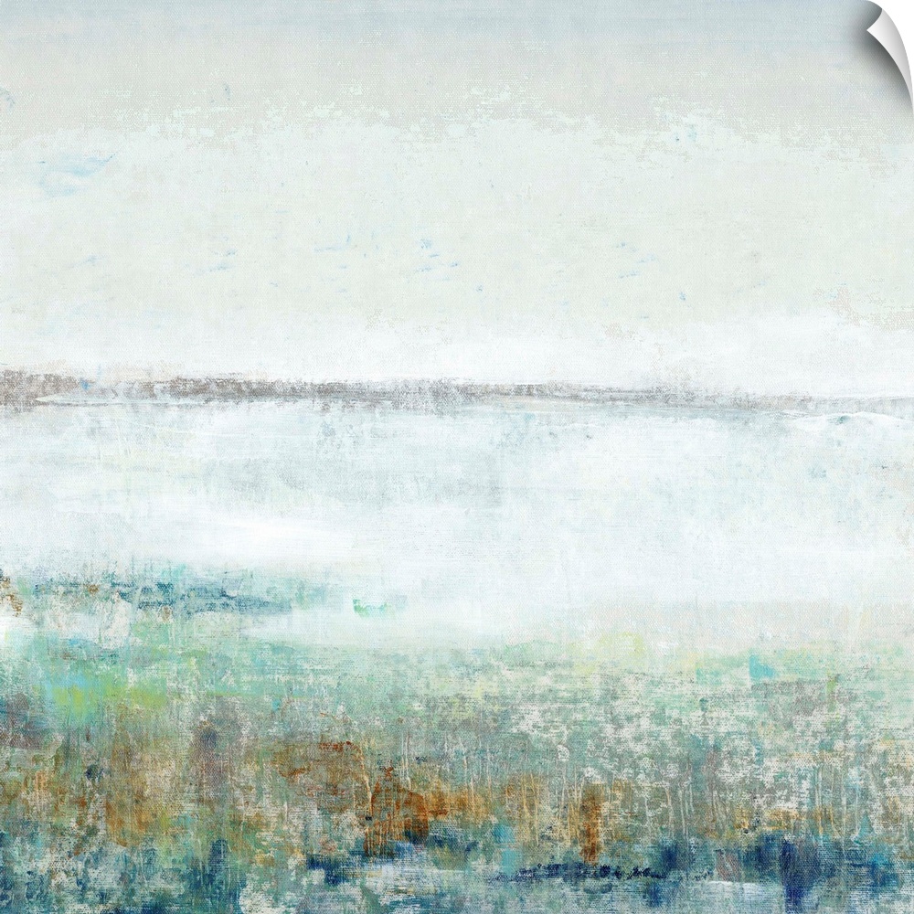 A square abstract of a mist covered landscape in textured tones of blue, gray and orange.