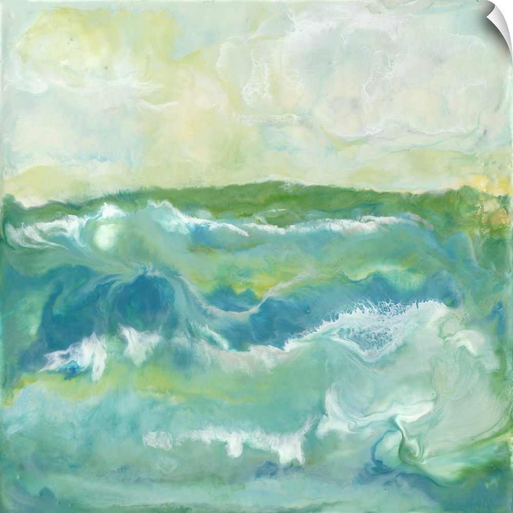 Invigorating contemporary artwork featuring flowing blue, green and yellow shades of color to create a marble effect.