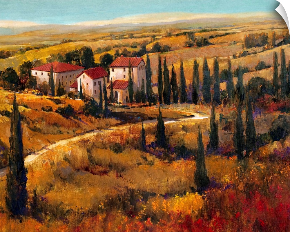 Painting of the land surrounding a villa in Tuscany.