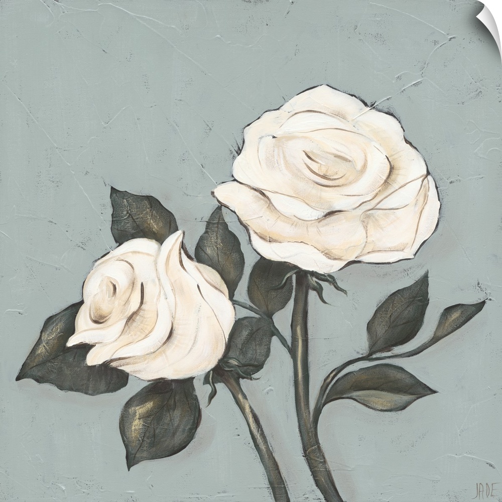 This decorative artwork features romantic roses with soft petals painted in white and tan over a blue textured background.