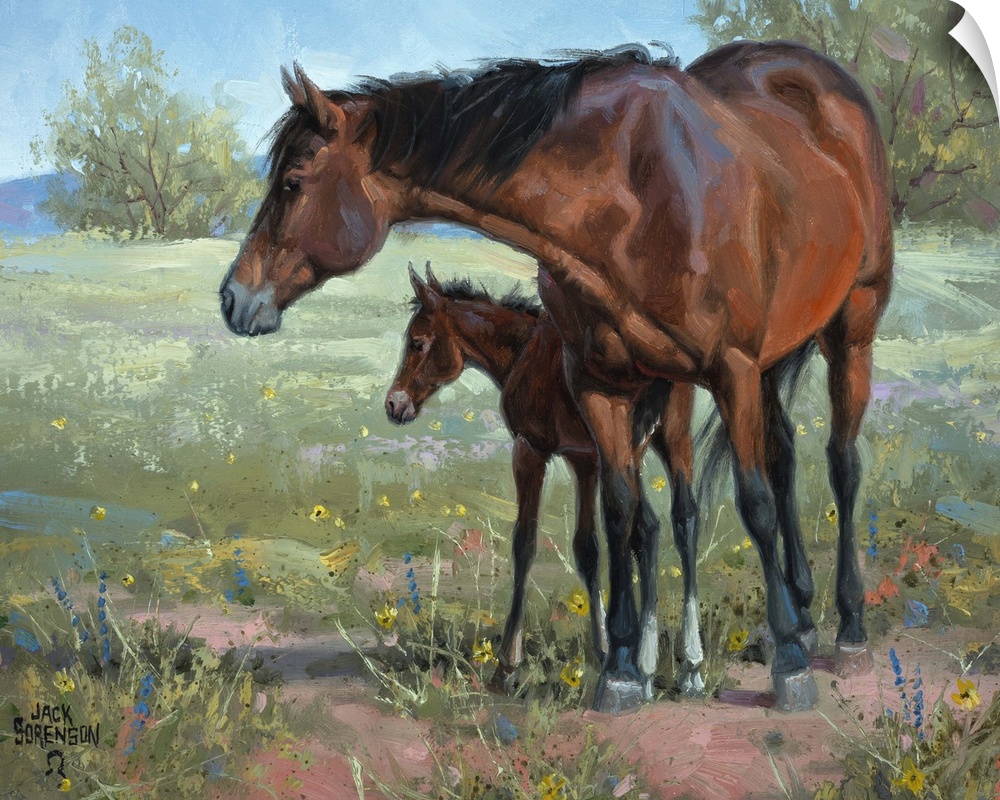This sweet contemporary painting exudes motherly love with feathered brush strokes and vibrant warm colors.