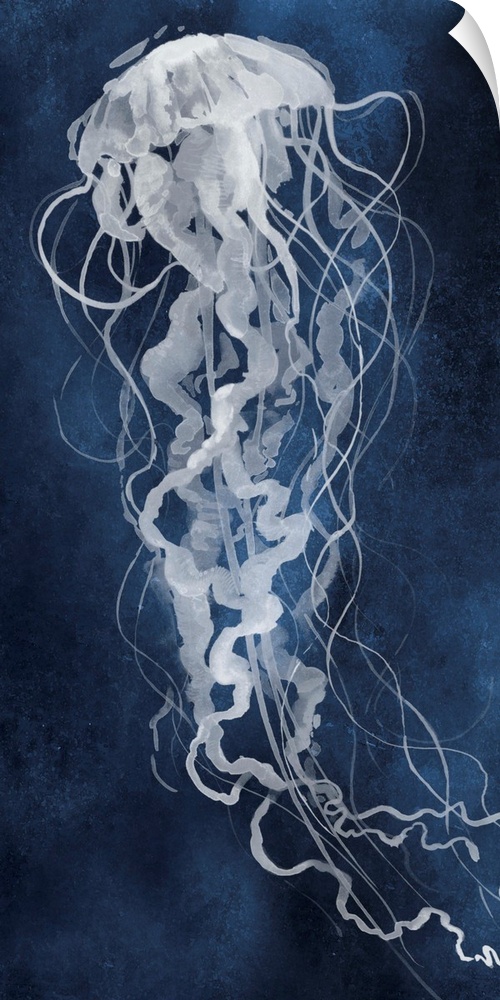 Large panel watercolor painting of a white jellyfish on an indigo background.