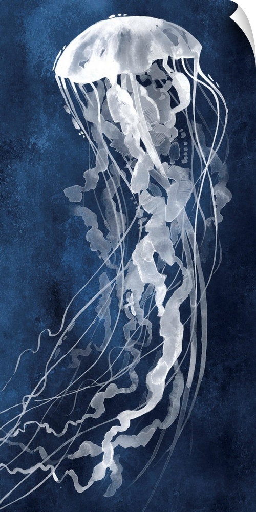 Large panel watercolor painting of a white jellyfish on an indigo background.