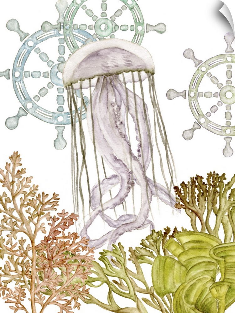Beach themed watercolor painting of a jellyfish with seaweed and coral and ship wheels on the background.