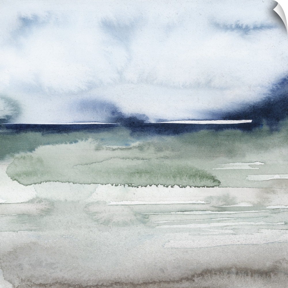 Square watercolor landscape in muted, blended colors of blue and green.