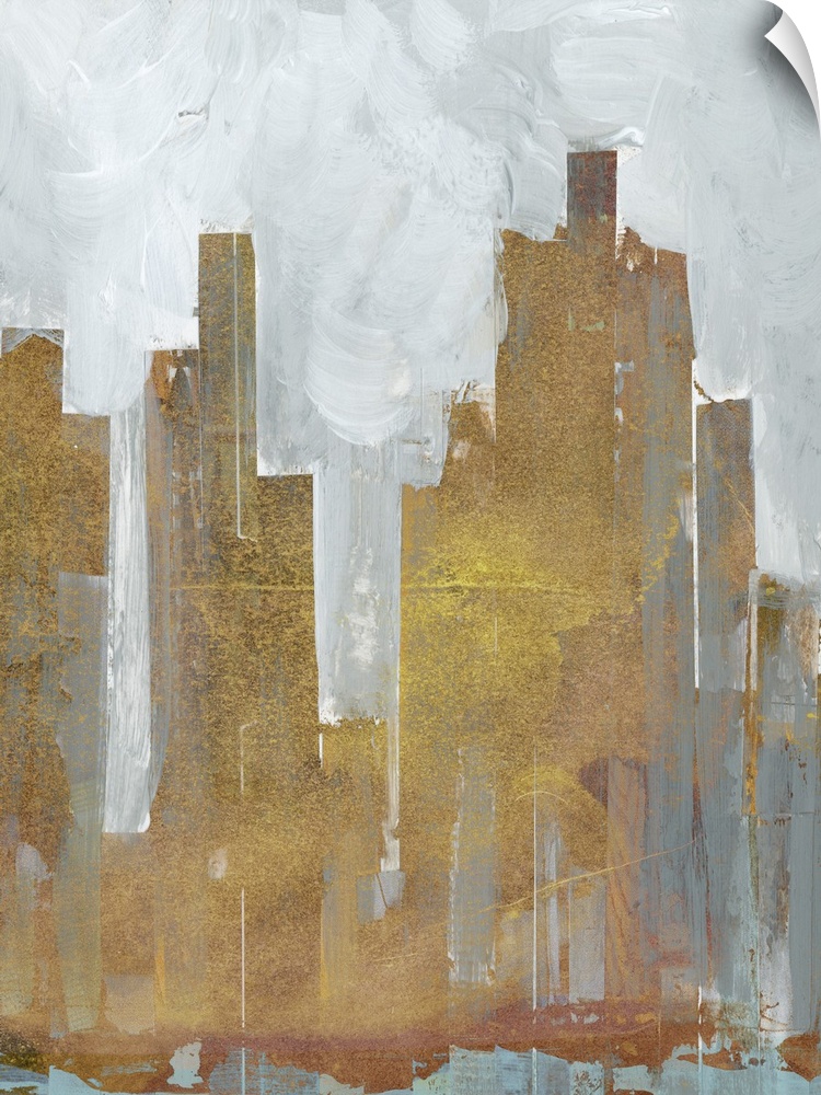Contemporary abstract artwork using muted colors and geometric shapes resembling a city skyline.