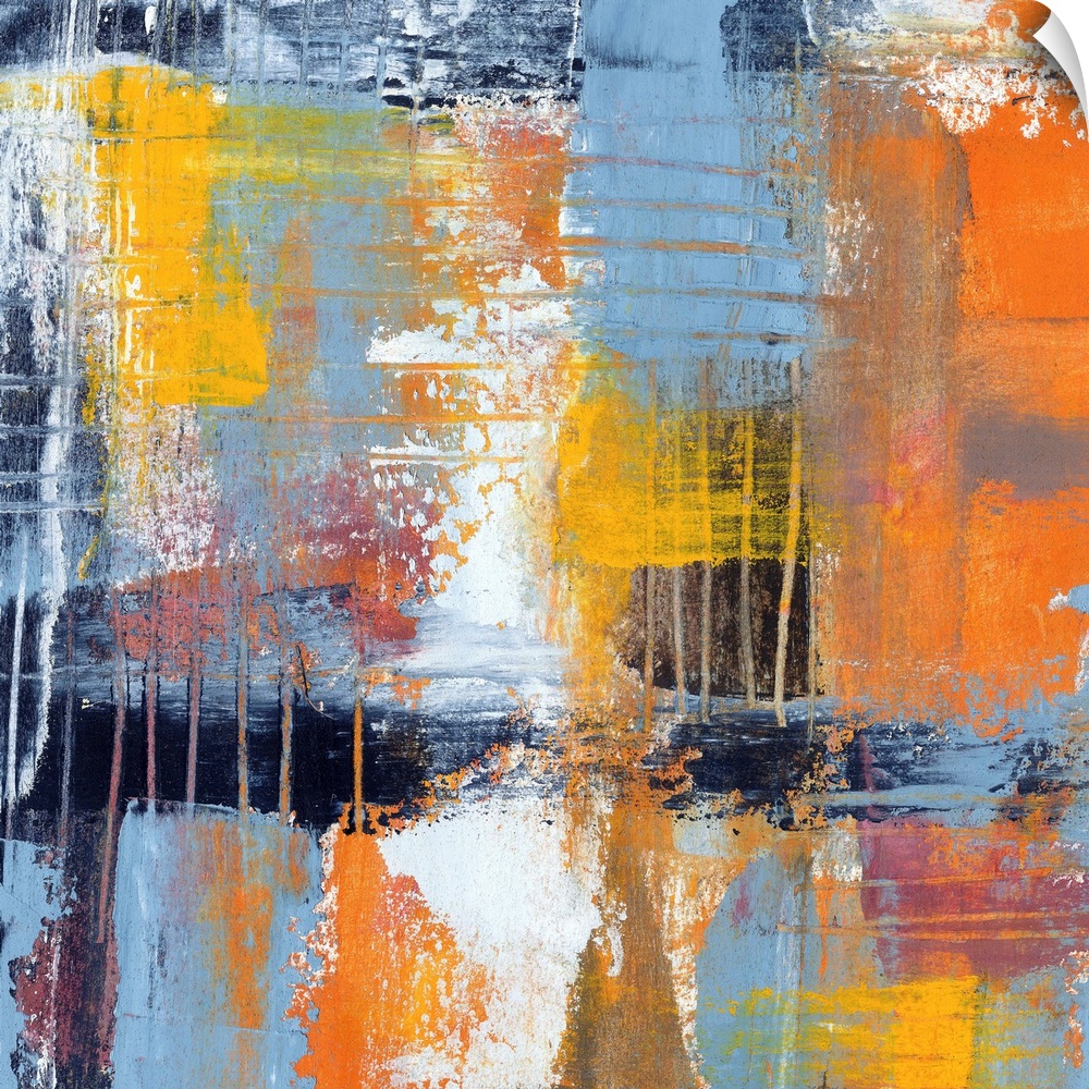Colorful contemporary abstract painting using muted blue orange and yellow tones.