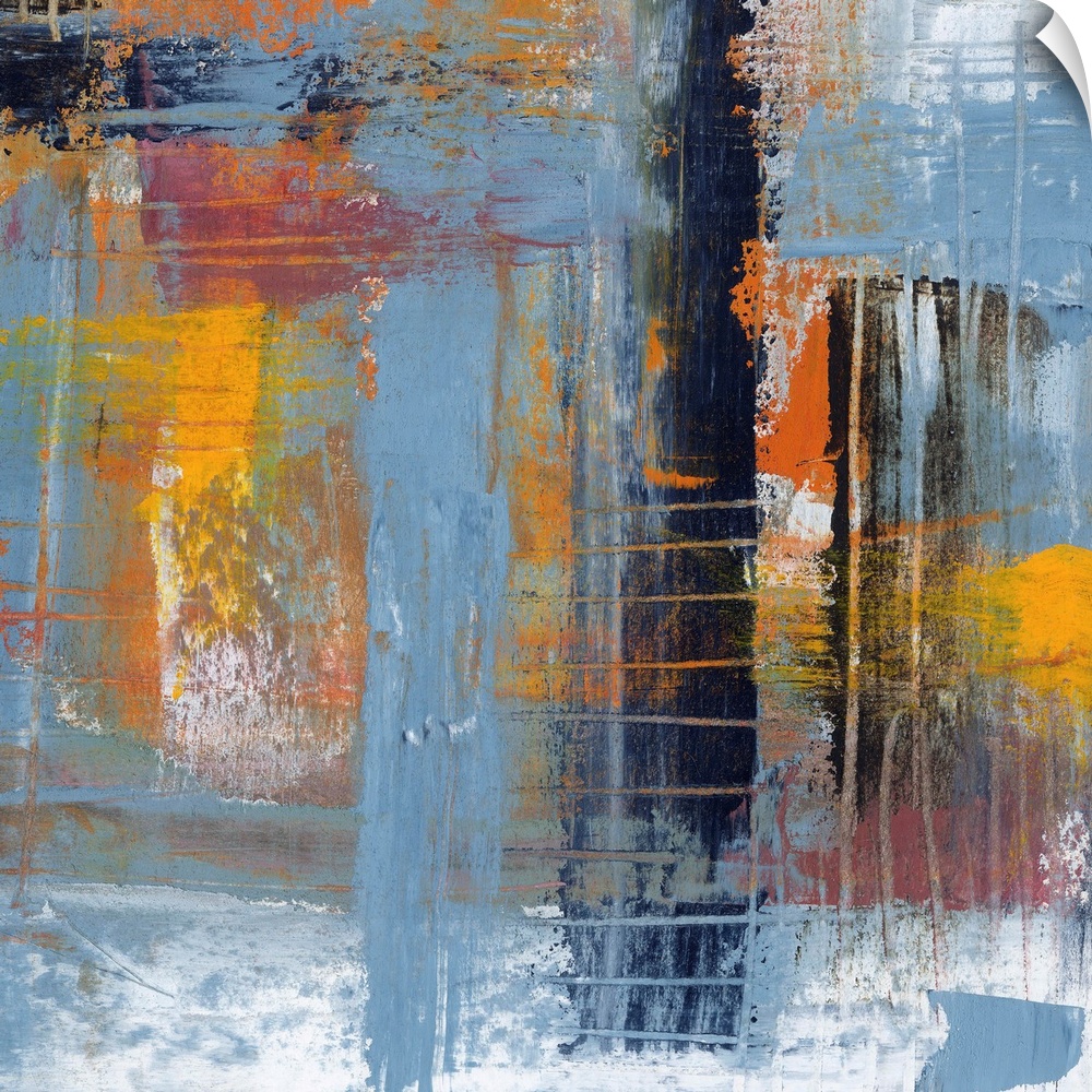 Colorful contemporary abstract painting using muted blue orange and yellow tones.