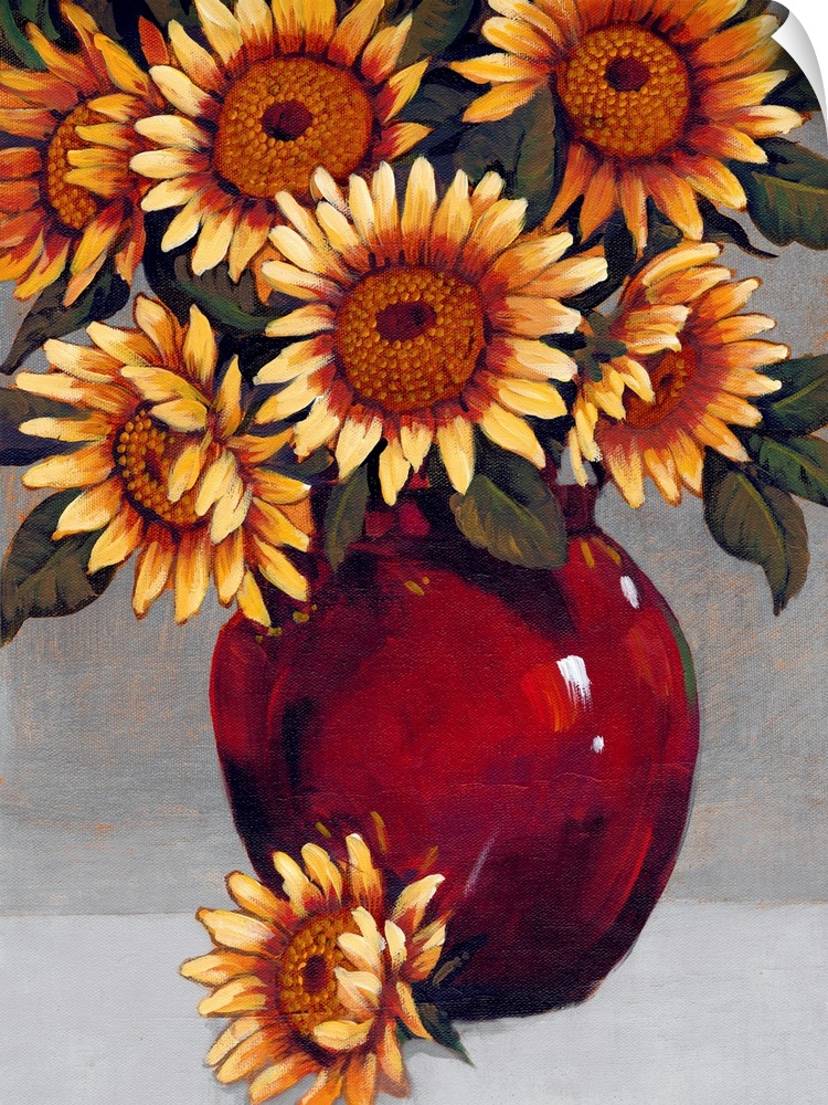 A painting of vibrant yellow sunflowers sitting in a deep red vase against a gray background.