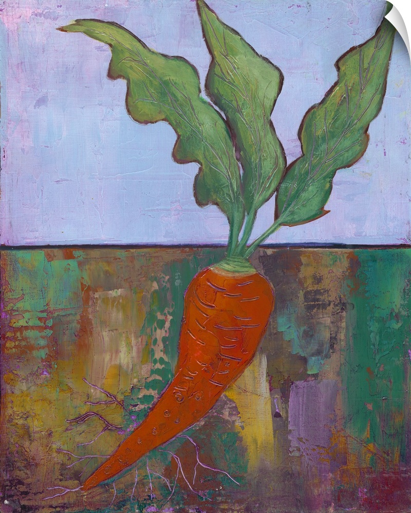 Contemporary painting of a cross section view of garden vegetables in the ground.