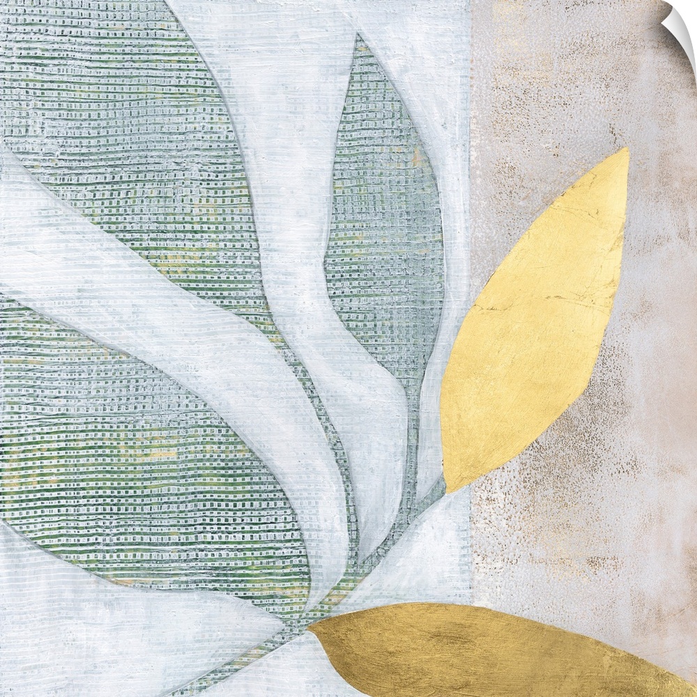 A contemporary, textured painting of green and gold leaves on a neutral background