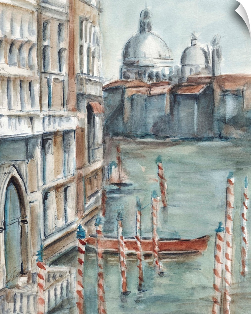 Watercolor painting of Venice, Italy, with a gondola docked in the canal.