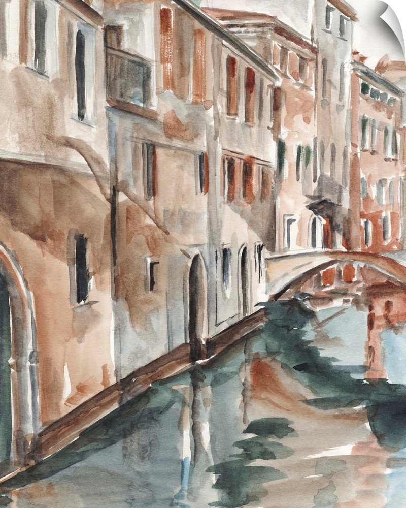 Watercolor painting of Venice, Italy, looking down the canal at the buildings and a bridge.