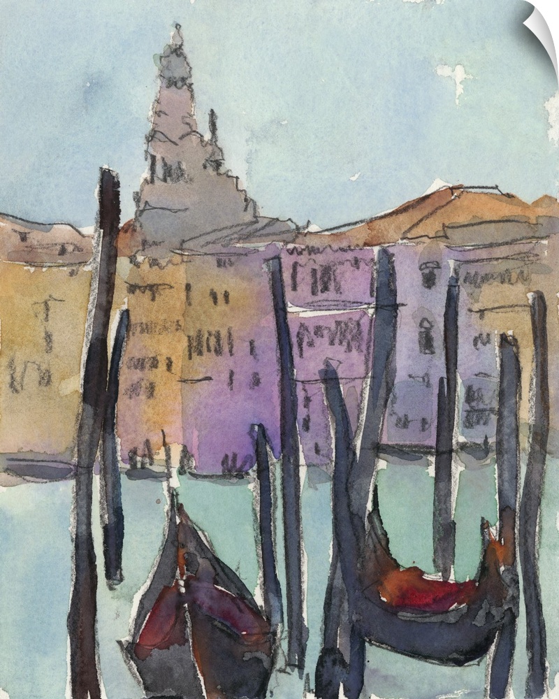 Watercolor open air painting of gondolas on the canal waters in Venice, Italy.