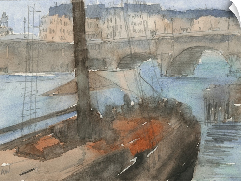 Watercolor cityscape painting of a boat approaching a bridge in Venice.