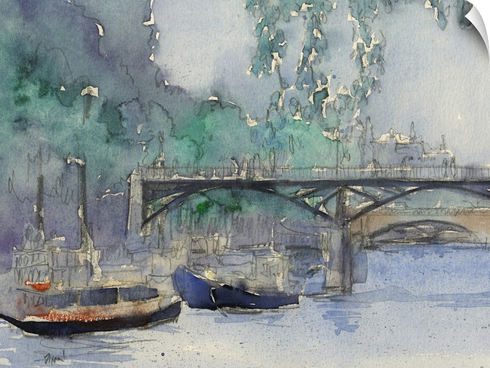 Watercolor cityscape painting of boats in the canal near a bridge in Venice.