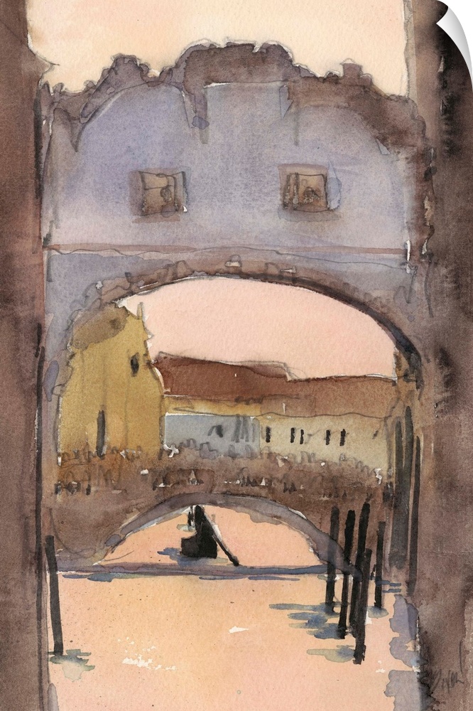 Gestural watercolor artwork of an archway over a canal in Venice, Italy.