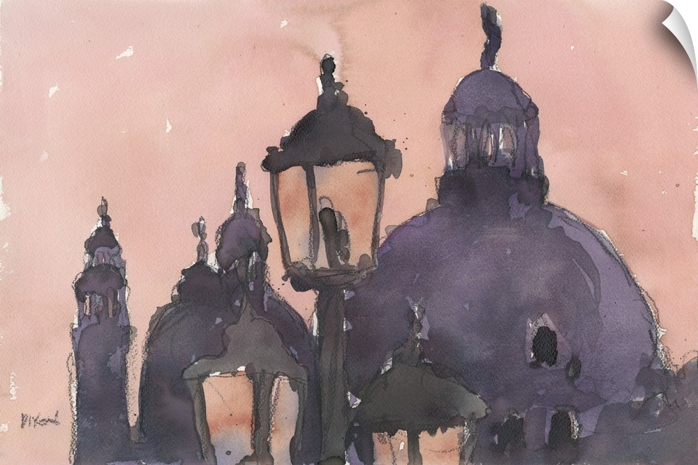 Watercolor art print of lamp posts and the domes of buildings at sunset in Venice, Italy.