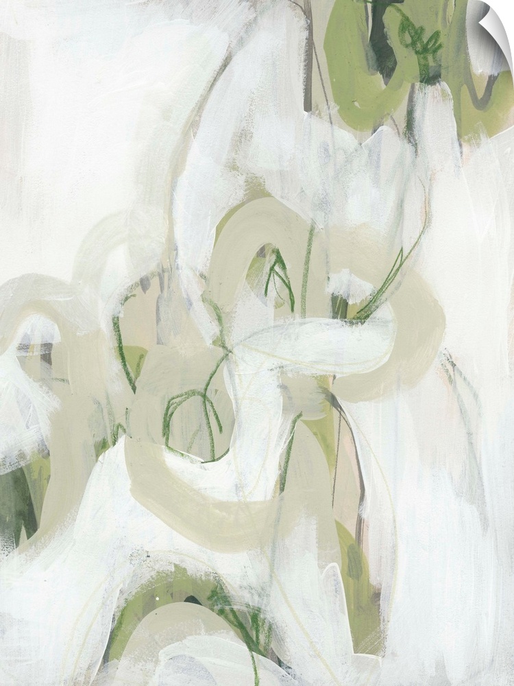 This abstract artwork features expressive brush strokes in khaki, green and white to create dramatic gestural shapes.