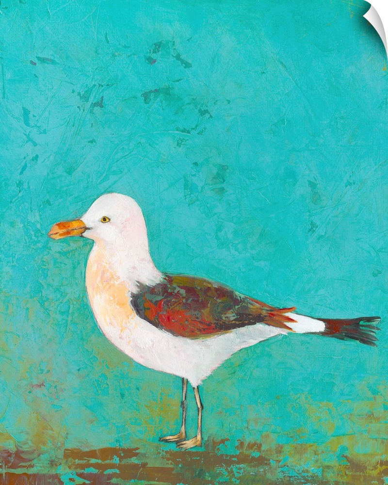 Contemporary painting of a seagull against a blue background.
