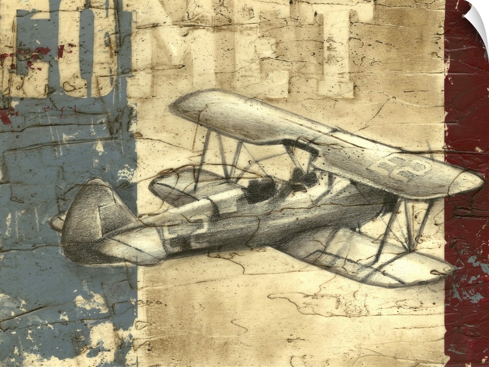 Contemporary artwork of a vintage airplane against a collage rustic looking background.