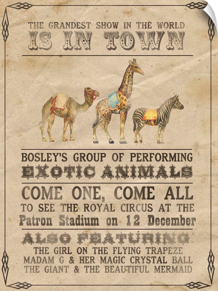 Vintage-style circus poster advertising exotic animals, such as a camel, giraffe, and zebra.