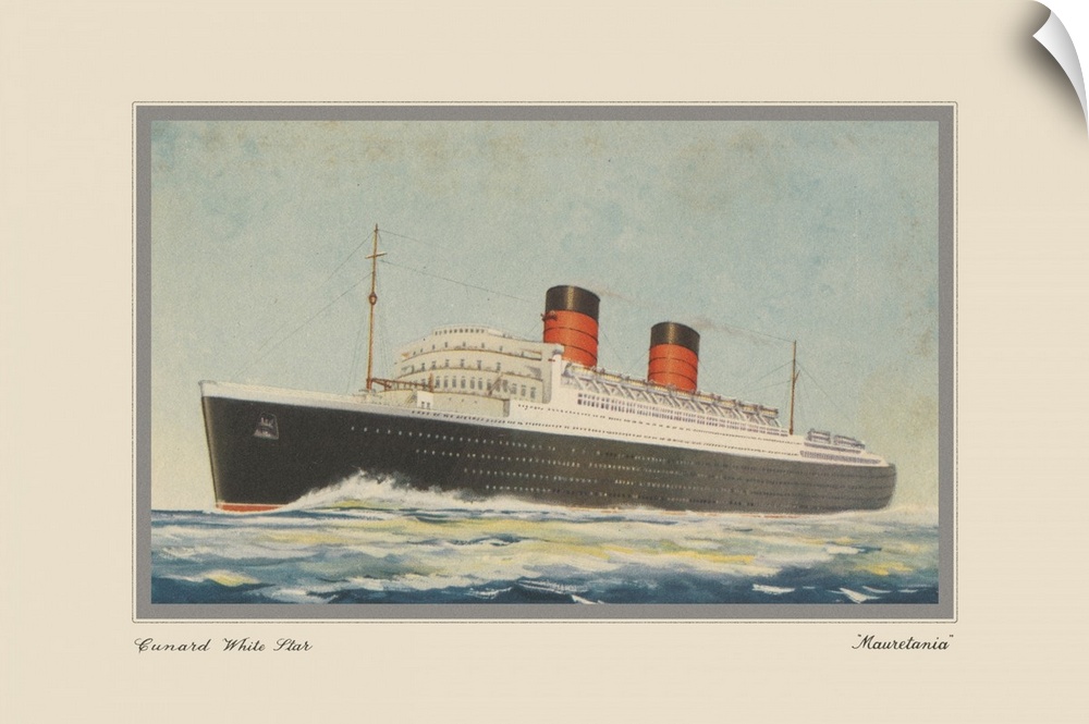 This vintage artwork features cruise ship named Mauretania, that was operated by a British shipping line that existed betw...