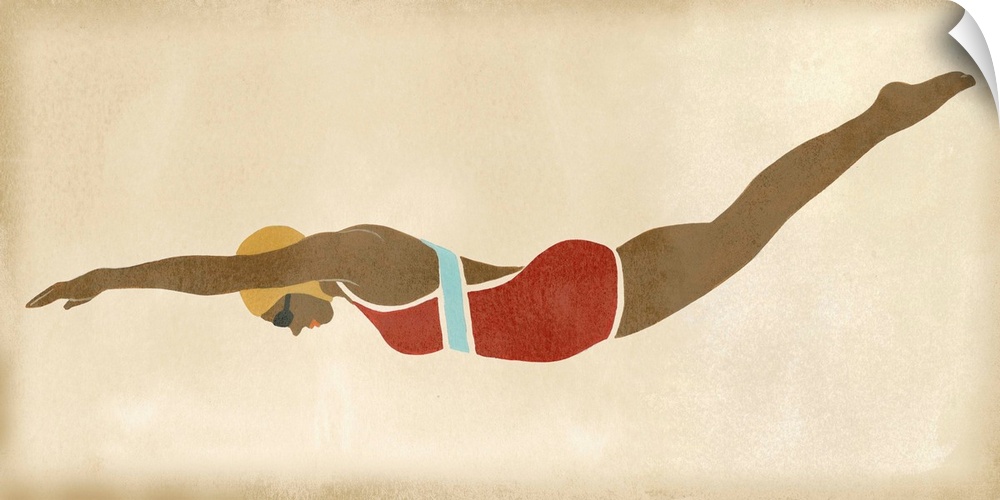 Vintage style illustration of a woman in a trendy bathing suit in mid-dive.