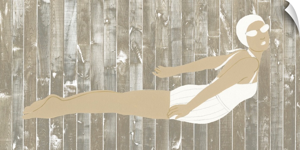 Artwork of a woman in a vintage white swimsuit on a wooden board background.