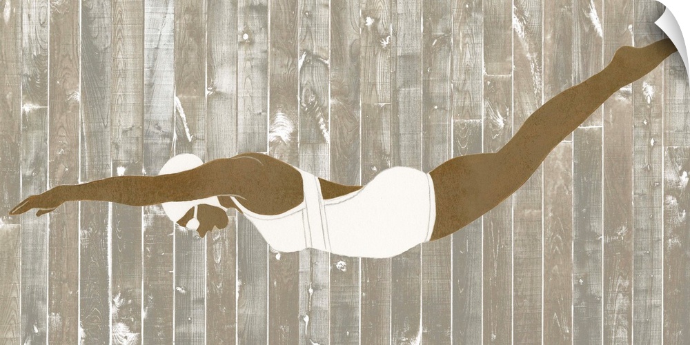 Artwork of a woman in a vintage white swimsuit on a wooden board background.