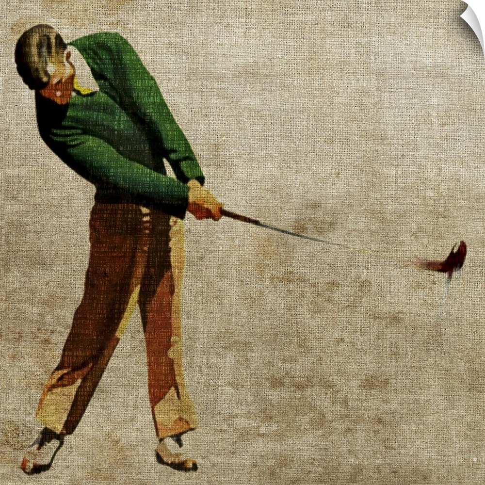 Square, large, vintage wall picture of a man in slacks and a cardigan swinging a golf club, on a neutral background.  The ...