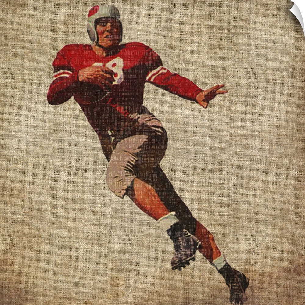 Square canvas of an old styled football player on a grungy background.